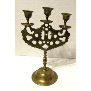 Antique Brass Judea Sabbath Double Dragon 3 Candle Candelabra Solid Brass Etched